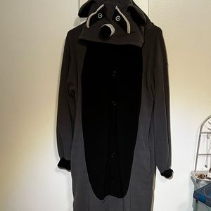 Raccoon onesie with pockets.
